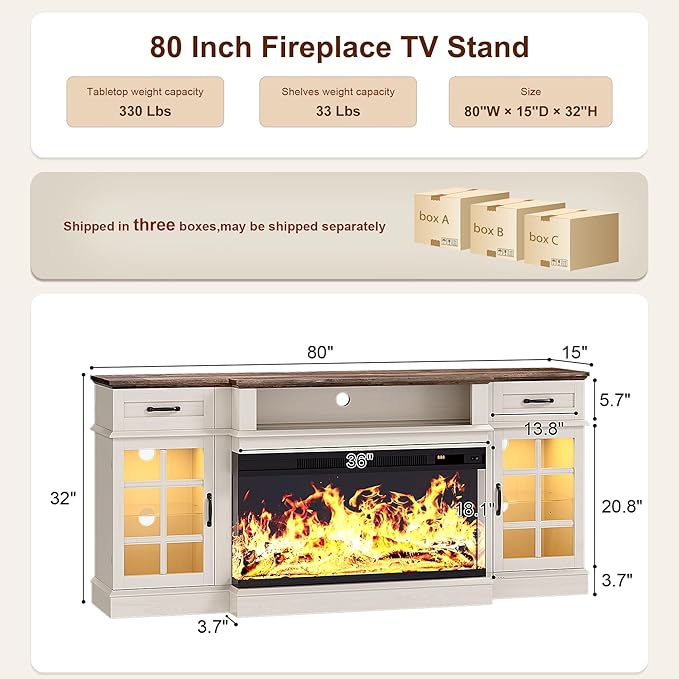 MXV 80" Fireplace TV Stand, 3-Sided Glass Fireplace and Modern Entertainment