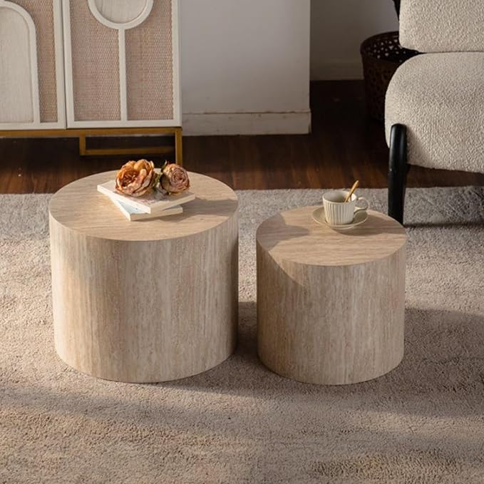 Round Wooden Nesting Coffee Table Set of 2, Circle Modern Accent End Side Table