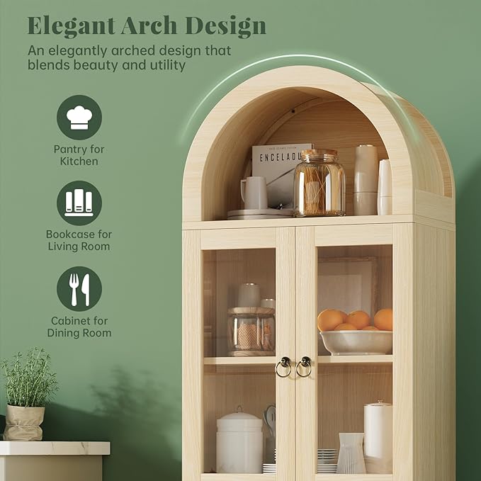 71" Tall Arched Cabinet with Acrylic Door, Modern Curio Arched Bookcase with