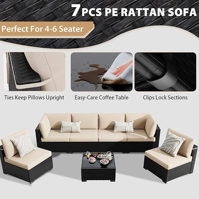 KIGOTY 7-Piece Patio Furniture Set, All-Weather PE Rattan Outdoor Sectional Sofa