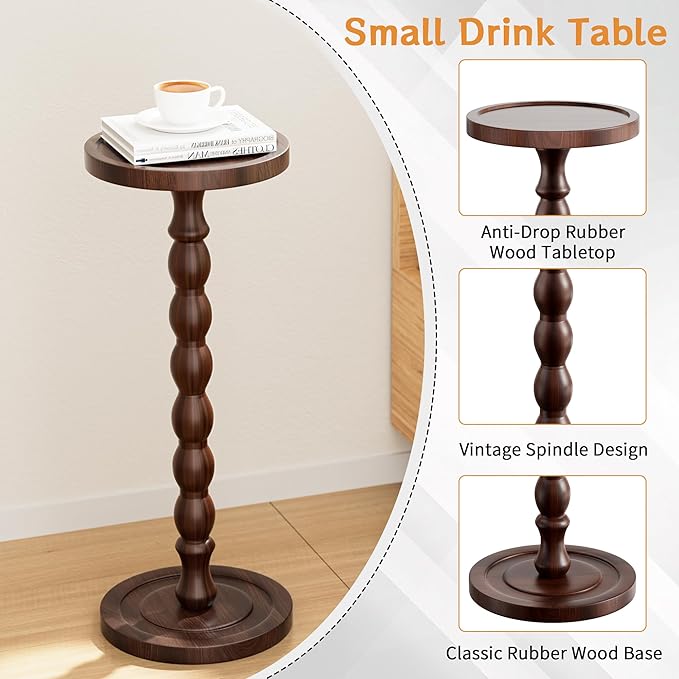 2 Pack Solid Wood Drink Table, Rubber Wood‌ Small Round Side Table
