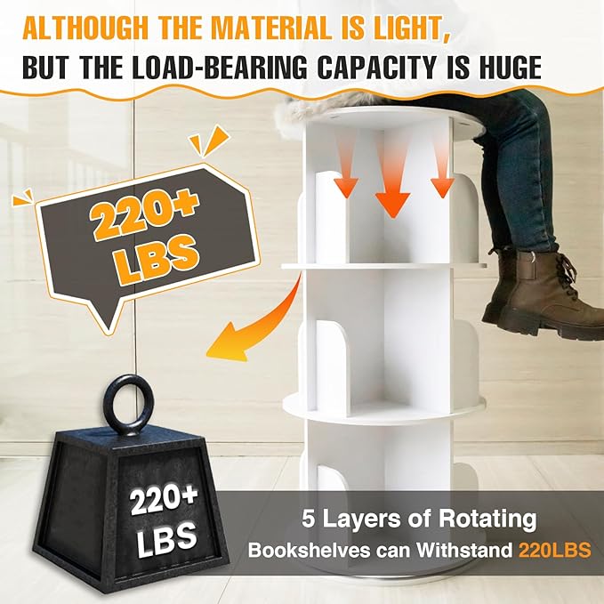 RUNSUNSPRI 5 Tier Rotating Bookshelf Tower, Spinning Bookshelf, Revolving 360°