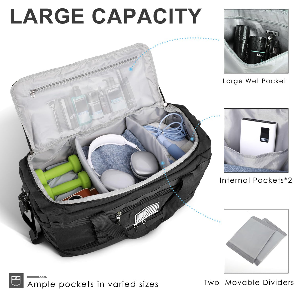 ETRONIK Travel Bag for Men Women, Gym Bag & Tactical Duffle Bags for Travel, Carry on with Toiletry Bag and Shoe Compartment, Weekender Overnight Trip with Wet Pocket for Workout Medical, Black