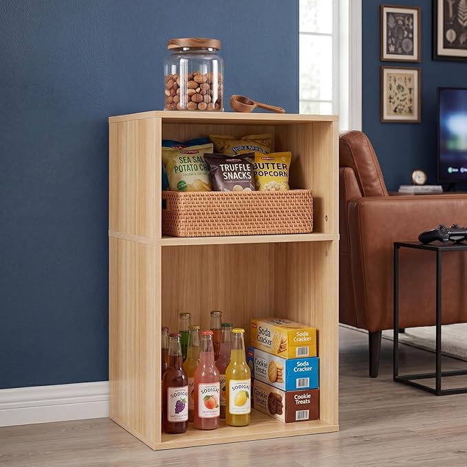 YAHARBO 2 Cube Bookshelf, Natural Record Player Stand