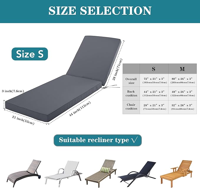 Chaise Lounge Cushion Outdoor, Waterproof and Stain-Resistant Lounge Deck