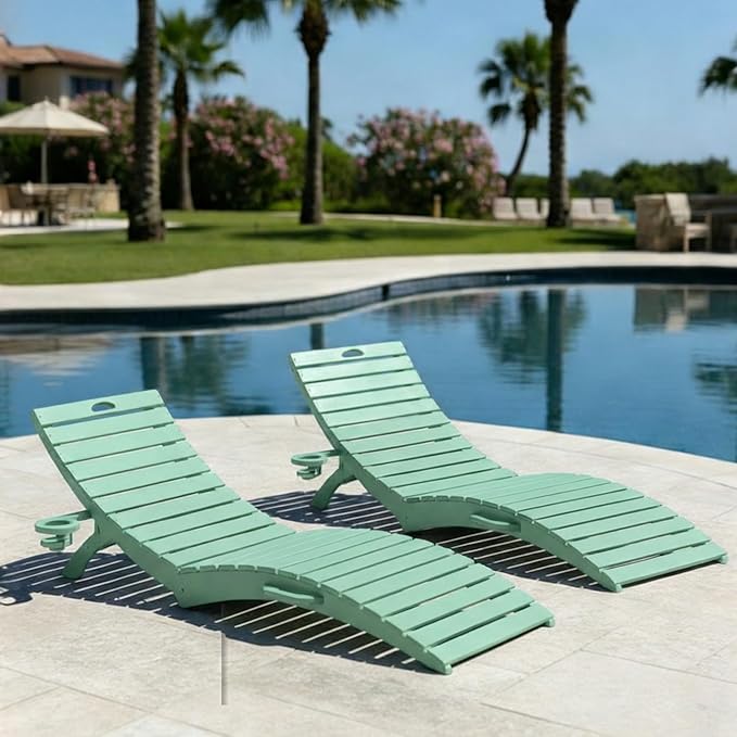 Folding HDPE Pool Lounge Chairs Set of 2, Pre-Assembled Outdoor Chaise Lounge
