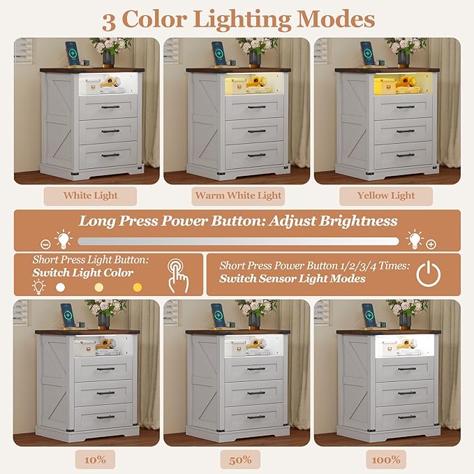 Turosur Night Stand with Charging Station 22" Large Farmhouse Nightstands with