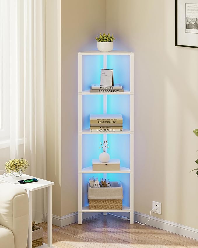 TUTOTAK Corner Shelf with LED Light, 5-Tier Corner Bookshelf