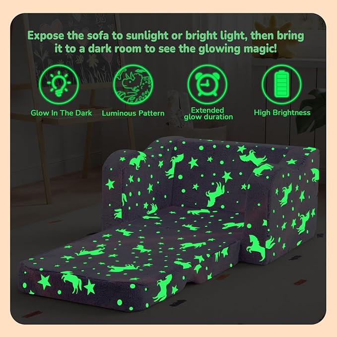 MeMoreCool Glowing Lavender Unicorn Kids Chair, 2-in-1 Convertible Kids Couch