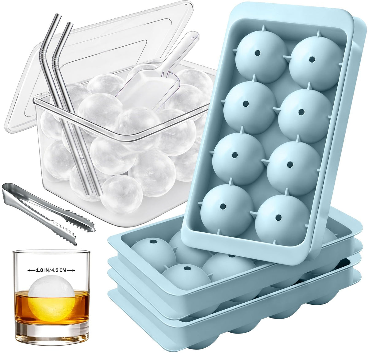 1.8in Large Ice Cube Molds - Big Round Whiskey Ice Trays for Freezer with Bucket, Scoop, Tongs, 2 Straws - Easy to Fill & Release, Bourbon Cocktail (3 pack, 8 Balls)