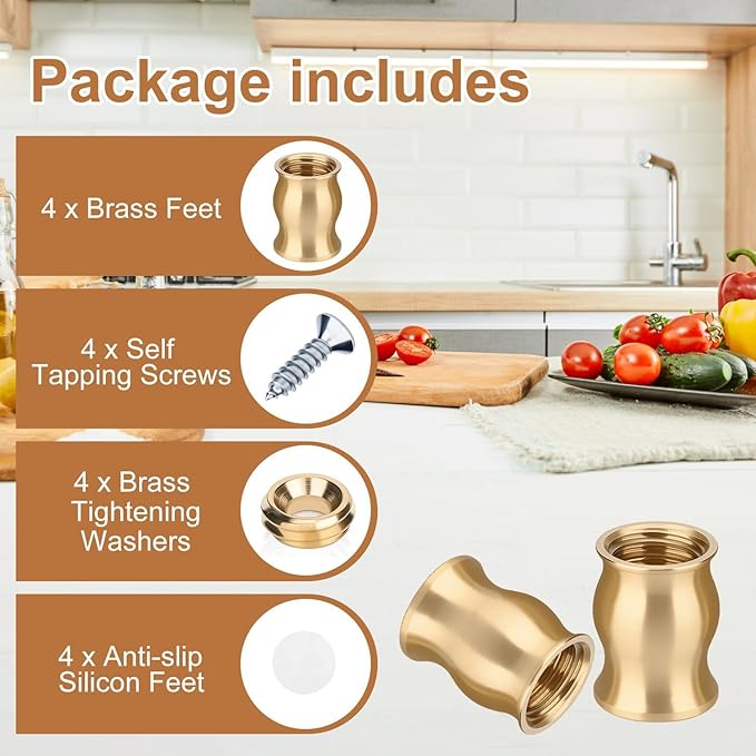 Brass Cutting Board Feet, Including Stainless Steel Screws, Silicone Nonslip