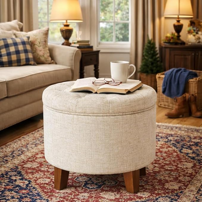 Homepop Home Decor | Upholstered Round Tufted Foot Rest Ottoman | Ottoman