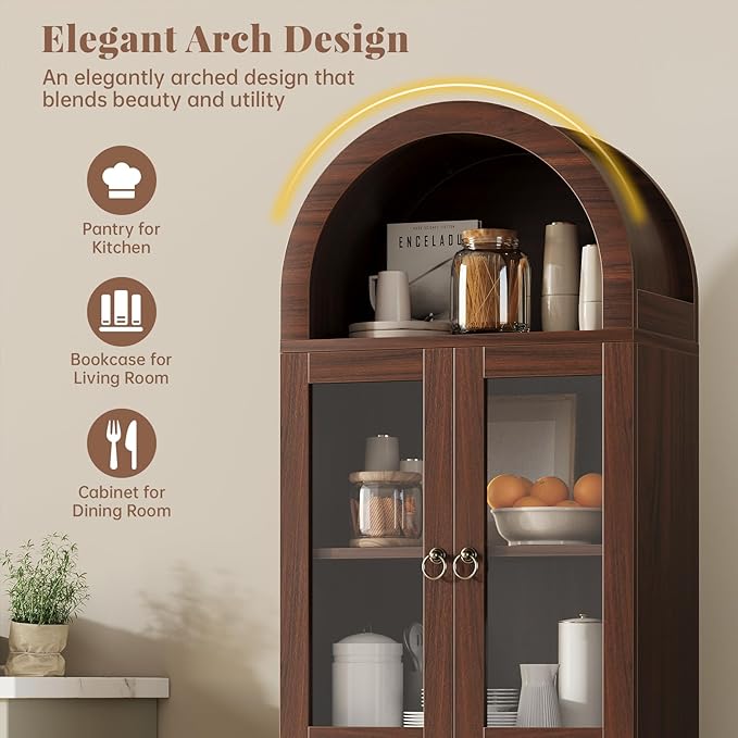 71" Tall Arched Cabinet with Acrylic Door, Modern Curio Arched Bookcase with