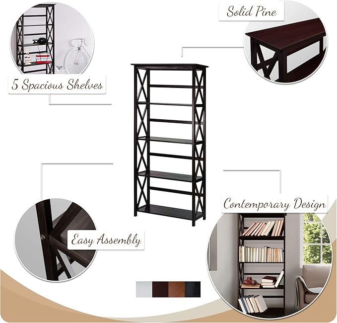 Montego 5-Shelf Bookcase-Walnut