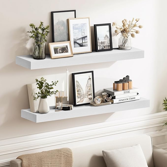 24x8x1.6 inch Floating Shelves Set of 2 – Solid Wood Rustic White Wall Mounted