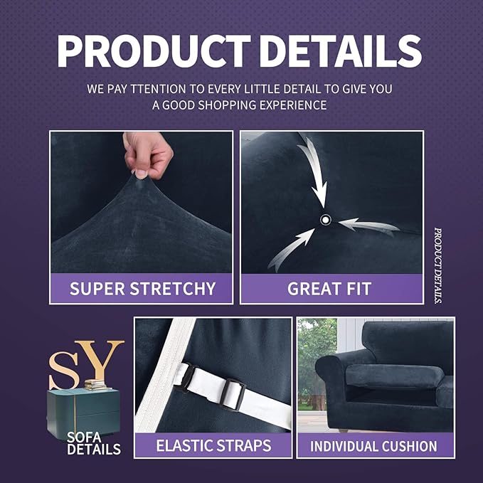 ZNSAYOTX Oversized Velvet Couch Cover 4 Piece Stretch Sofa Covers