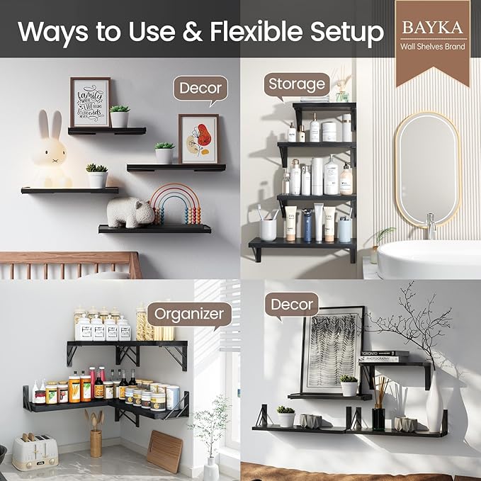 BAYKA Wall Mounted Floating Bathroom Shelves, Wood Floating Wall Shelf