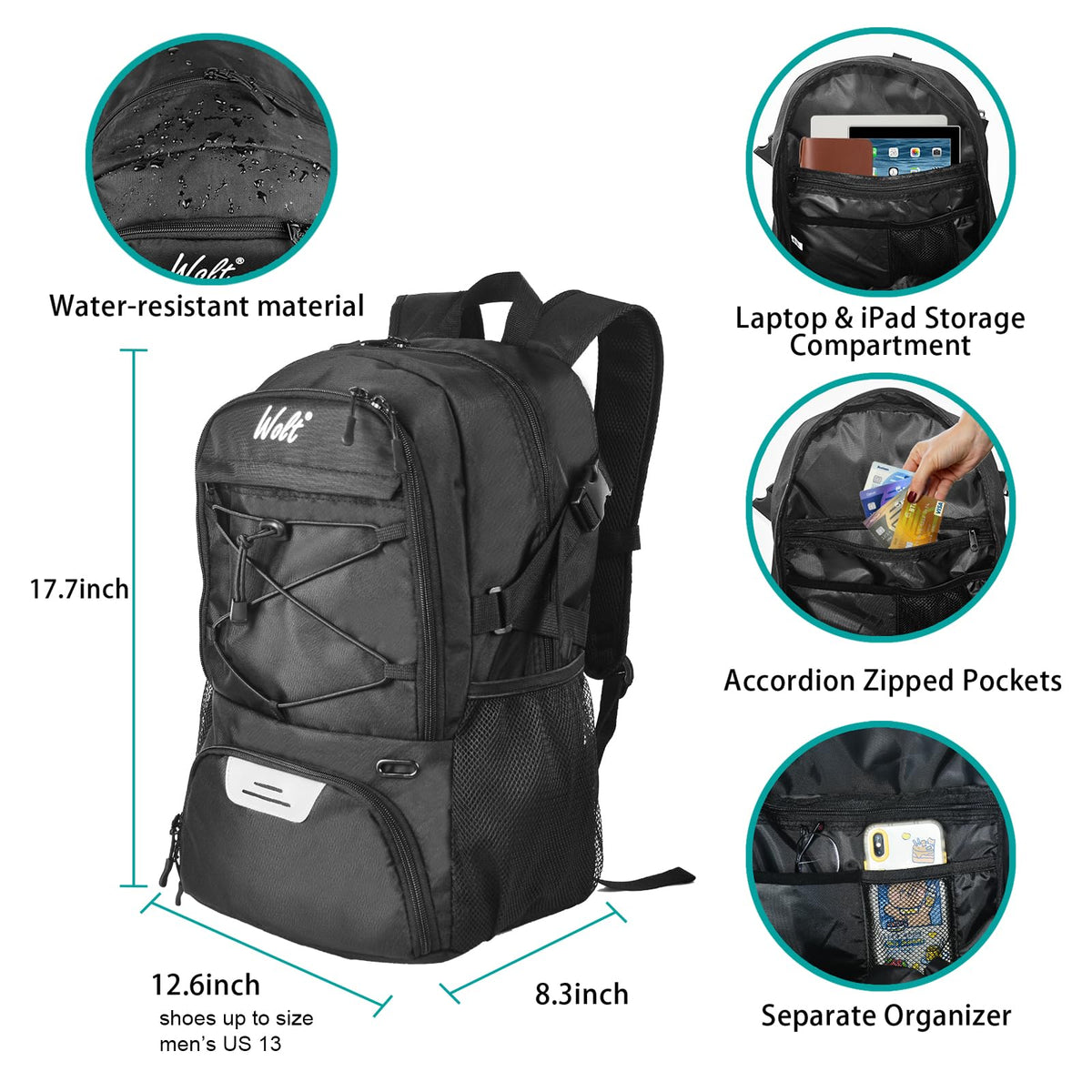 WOLT | Basketball Backpack Large Sports Bag with Separate Ball Holder & Shoes Compartment, Best for Basketball, Soccer, Volleyball, Swim, Gym, Travel(Black)