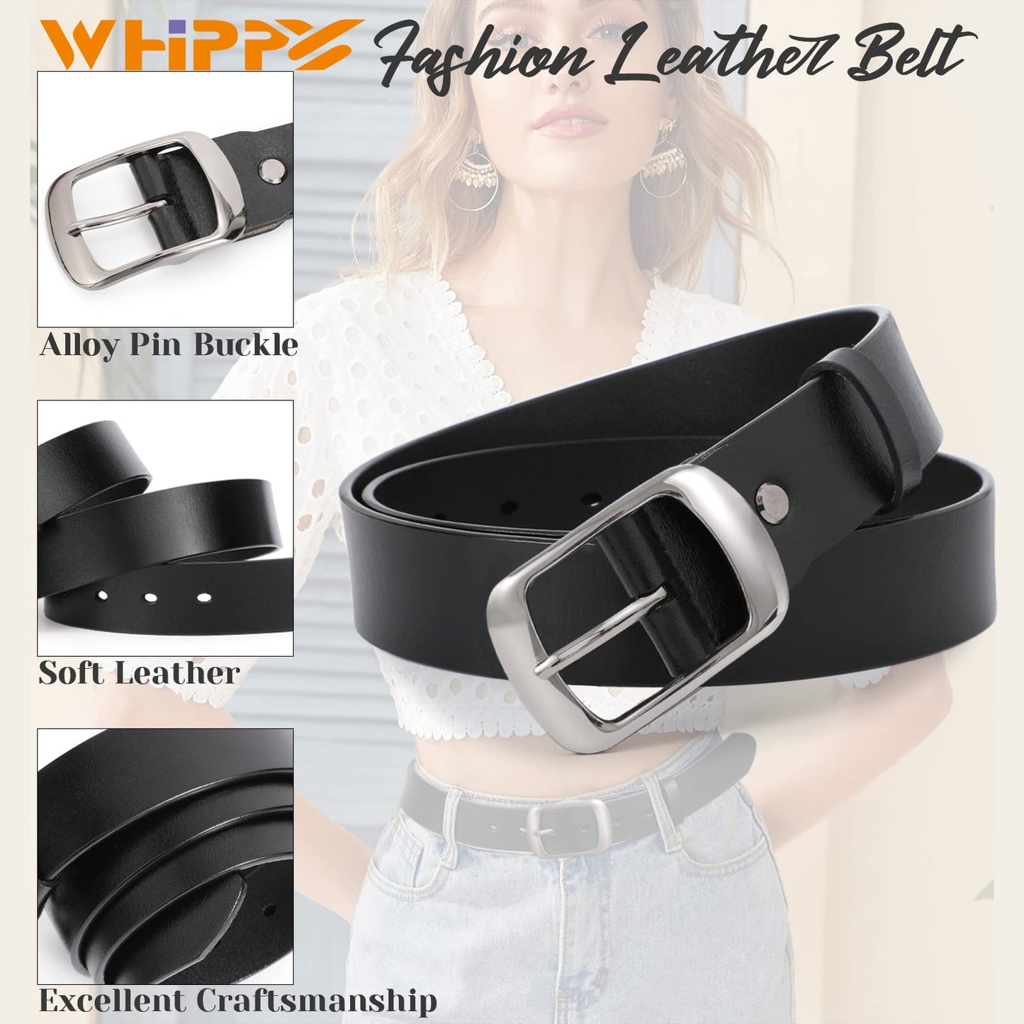 WHIPPY Women Leather Belts for Jeans Pants Fashion Dress Belt for Women with Solid Pin Buckle, Black, L