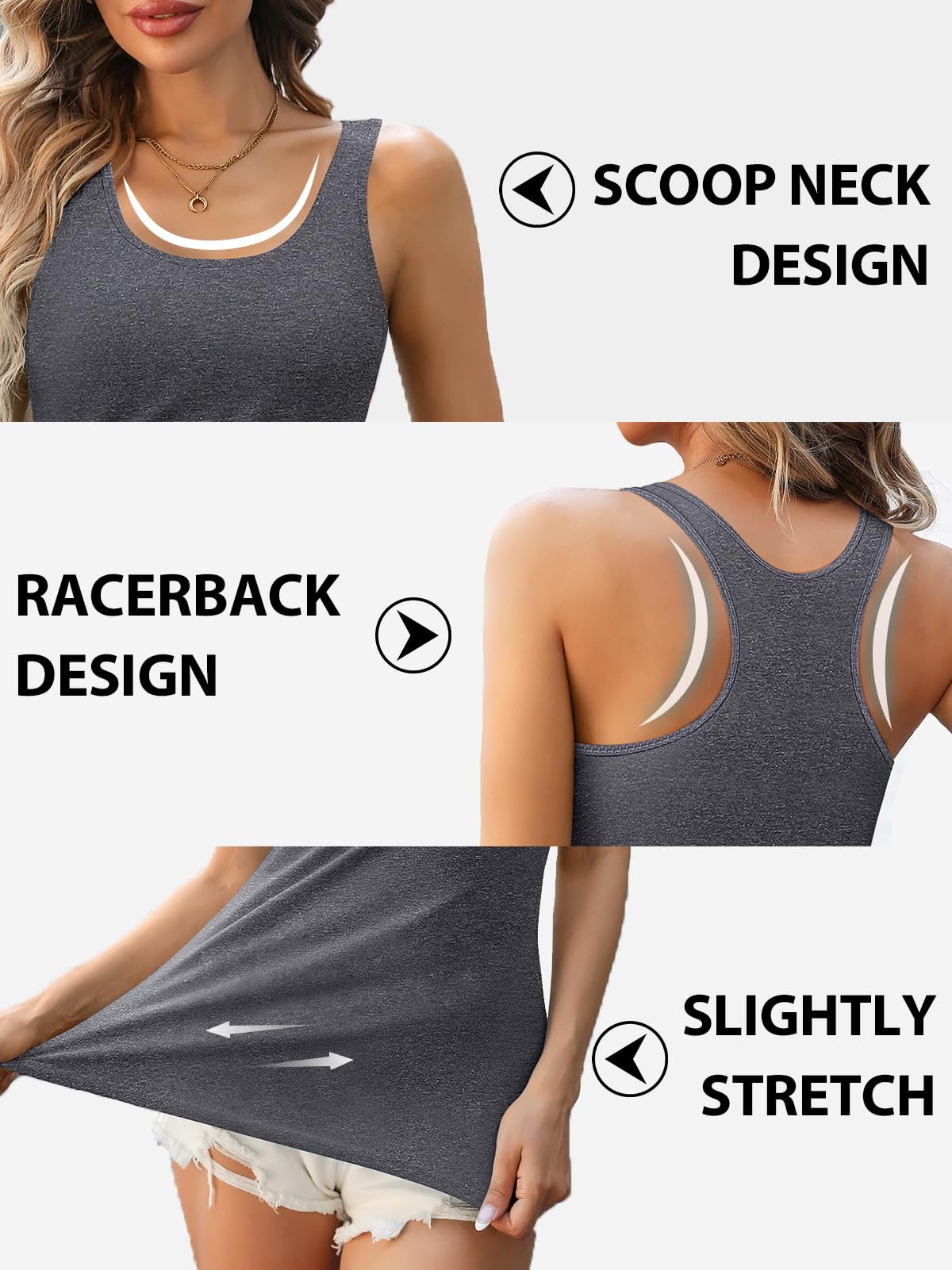 V FOR CITY Cotton Tank Tops with Built in Bra for Women Racerback Workout Camis Slim Fit Yoga Undershirt 2 Pack Gray/White M