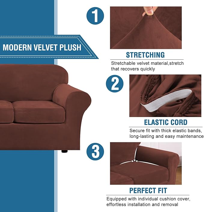 H.VERSAILTEX Modern Velvet Plush 4 Piece High Stretch Sofa Slipcover Furniture