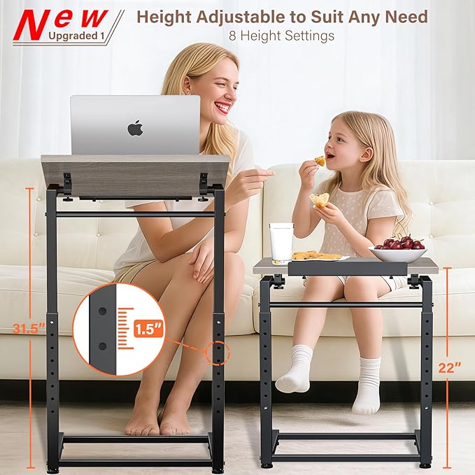 Tv Tray Table Set of 2, 8-Level Adjustable Height Couch Side Table，90° Tilt