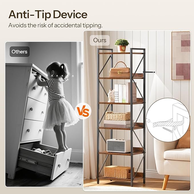 HOOBRO Bookshelf, 6-Tier Industrial Bookcase, Book Shelf Storage Organizer