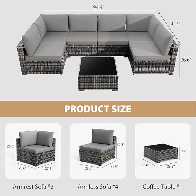 KIGOTY Patio Furniture Set, 7 Pieces Modular Outdoor Sectional Sofa, PE Rattan