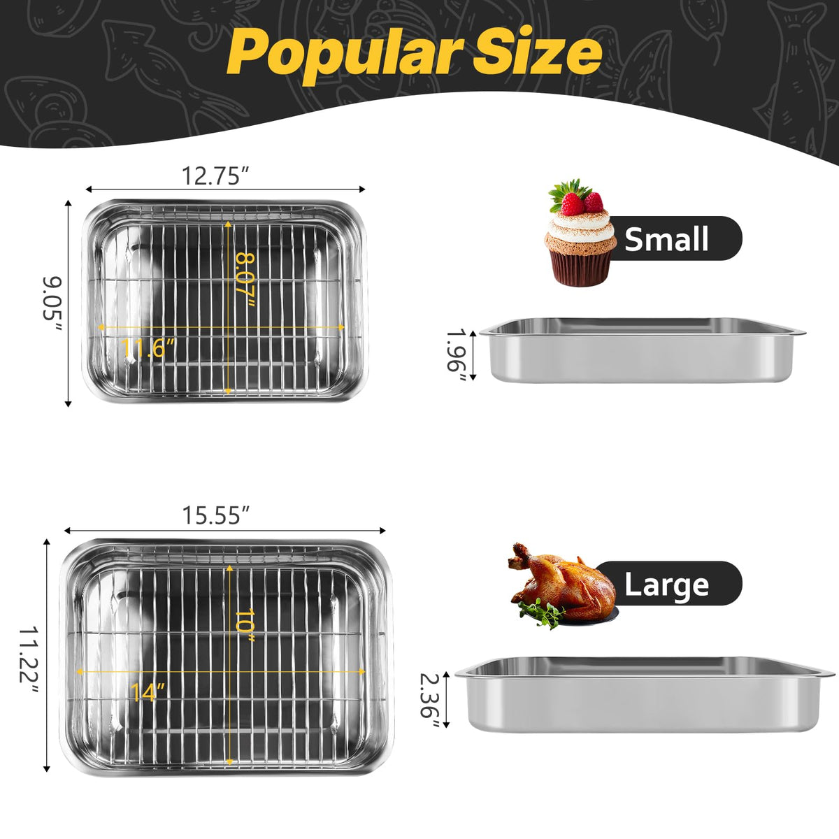 2 Pcs 12.7"15.5" Stainless Steel Roasting Pans with Handles, Baking Pan for Oven with 2 Pcs Flat Racks, Heavy Duty, Dishwasher Safe Rectangular Lasagna Pan with Handles for Turkey Chicken, Silver