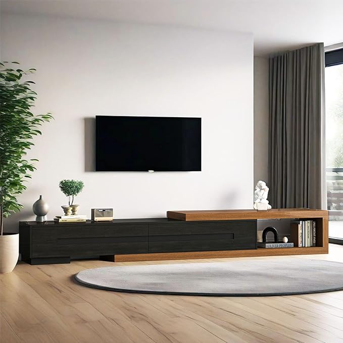 Extendable TV Stand with 2 Drawers, Long Reversible Entertainment Center with