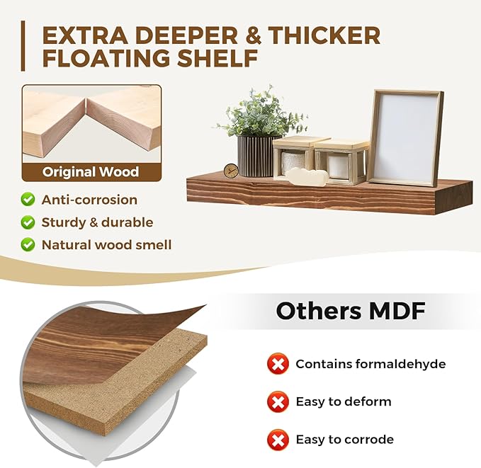 24x8x1.6 inch Floating Shelves Set of 2 – Solid Wood Rustic Brown Wall Mounted