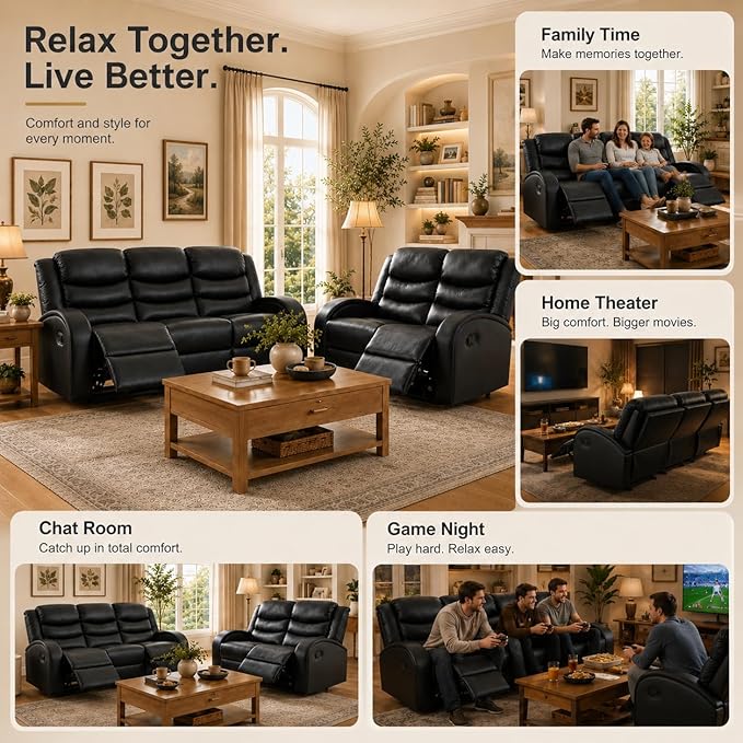 Recliner Sofa Set, 2 Piece Living Room Furniture Set, Leather Recliner Sofa