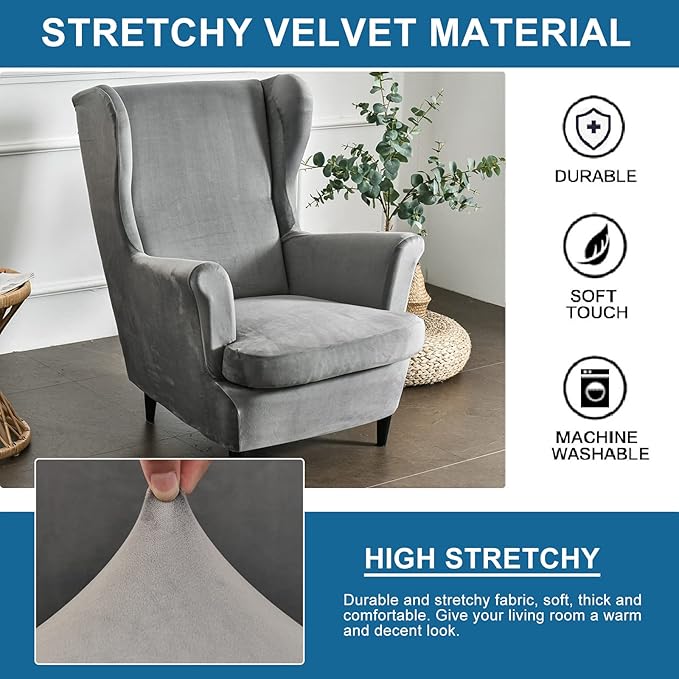 KRFOONN Wingback Chair Cover Slipcovers 2 Piece Stretch Velvet Plush Wing Chair