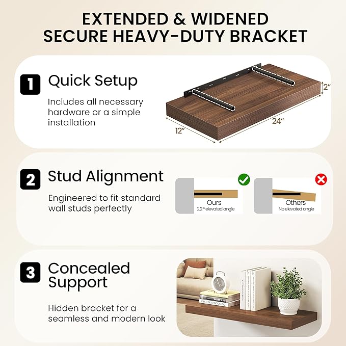 Walnut Floating Shelves 55Inch Long, 12 Inch Deep Floating Shelves