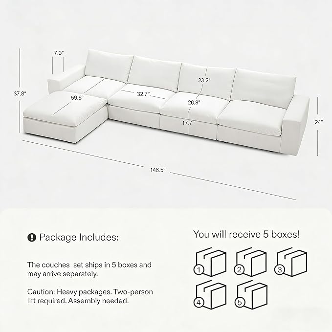 Cloud Couch Sectional 146.5'' Oversized Modular Deep Seat Sofa L Shaped Comfy