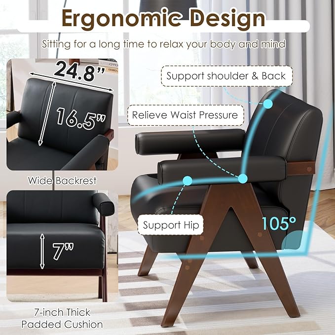 STHOUYN Black Leather Accent Chairs, Mid Century Modern Chair, Side Arm Chairs