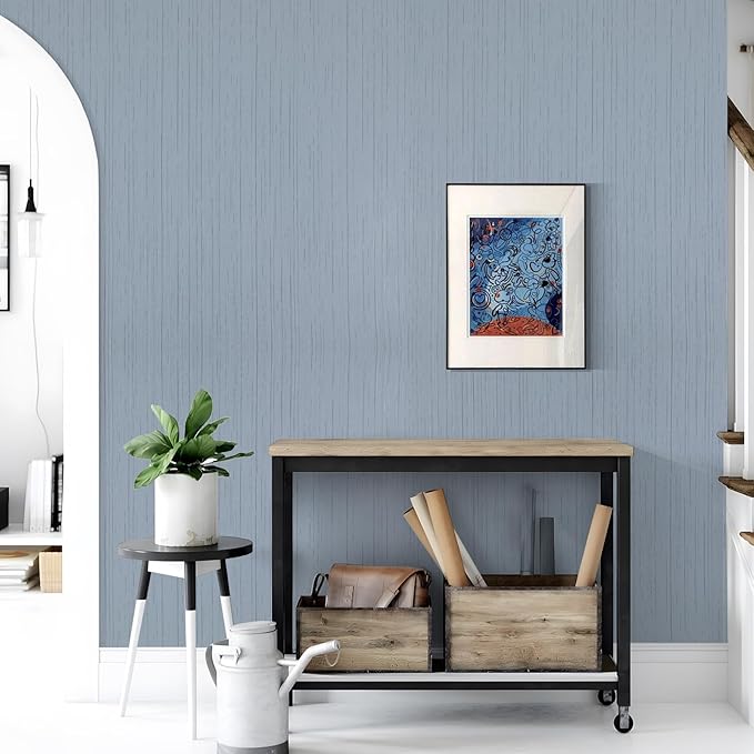 Grey Blue Grasscloth Peel and Stick Wallpaper 15.74" x 196.85" Textured Neutral