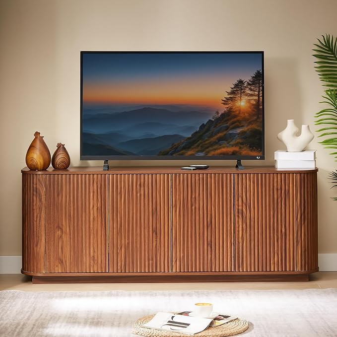 Fluted TV Stand for TVs Up to 75 Inch, Walnut Mid Century Modern TV Console for