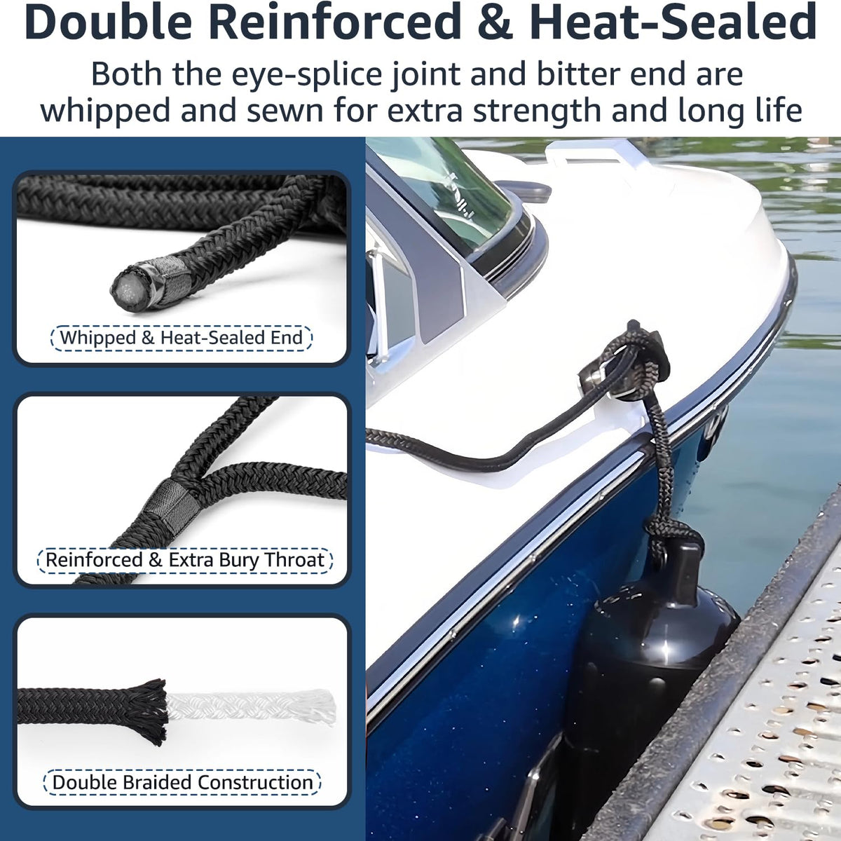 PACTHSD 4 Pack 1/2" x 6' Boat Fender Lines - Marine Grade Nylon Boat Rope with 10" Loop for Tying Fenders and Docking Small Boats - Double Braided Dock Lines, Easy Handling, Fray Resistant - Black