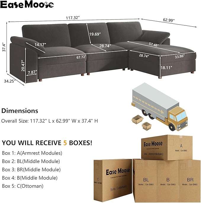 EASE MOOSE Oversized Sectional Modular Sofa, Large L Shape Sectional Couch Wide