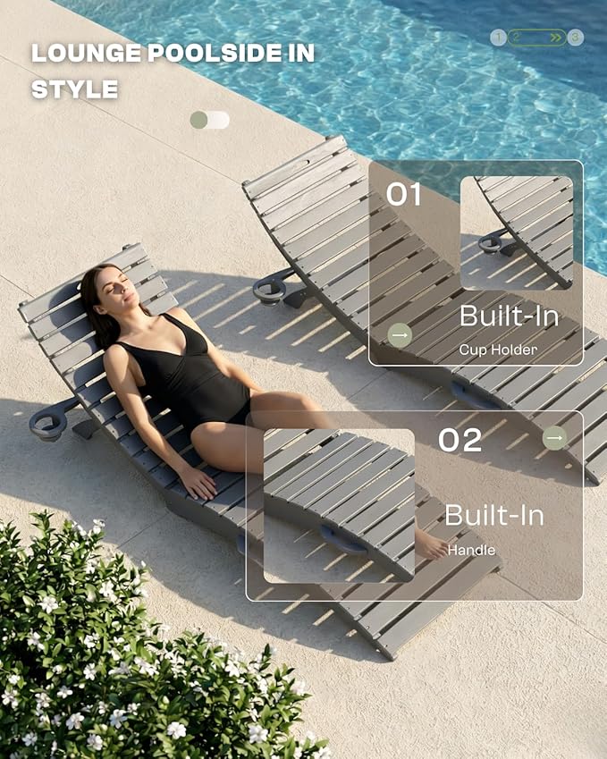 Folding HDPE Pool Lounge Chairs Set of 6, Pre-Assembled Outdoor Chaise Lounge