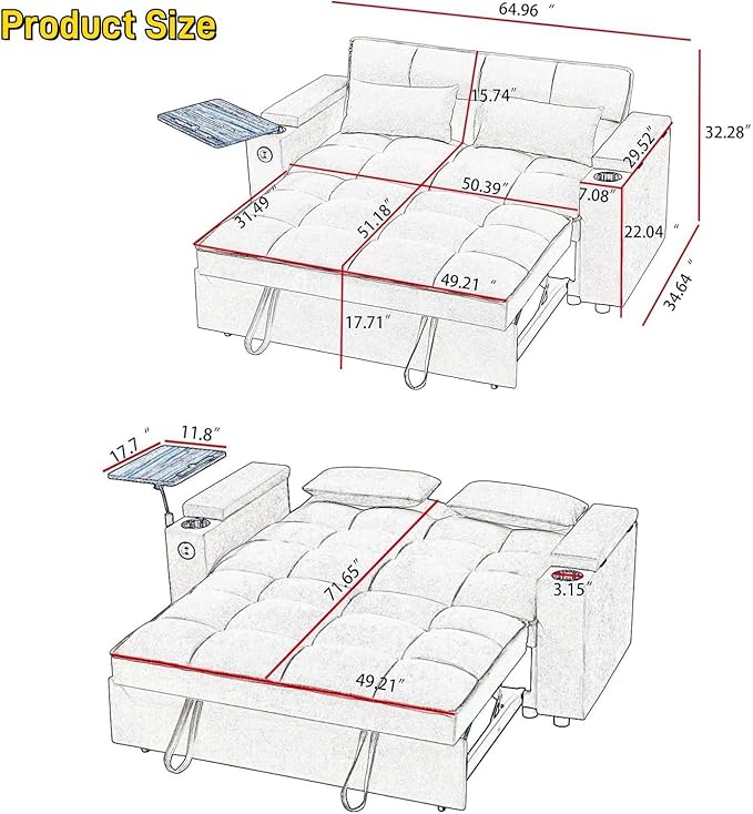 oaaktu 65''Convertible Sleeper Sofa Bed, 3-in-1 Pull Out Couch Bed