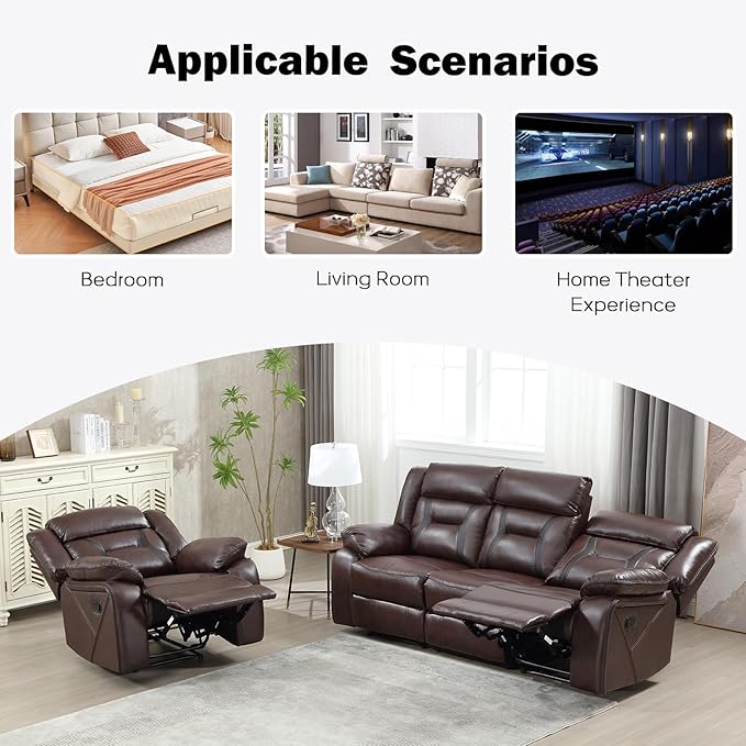 EBELLO Manual Recliner Sofa Set, Faux Leather Reclining Living Room Furniture