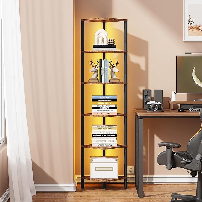 TUTOTAK Corner Shelf with LED Light, 6-Tier Corner Bookshelf