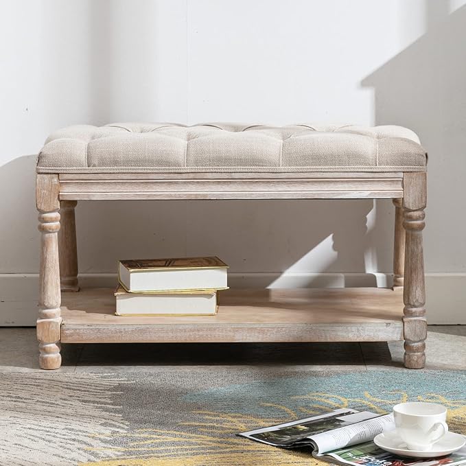 Farmhouse Storage Bench Wooden Entryway Linen Upholstered Ottoman Button Tufted