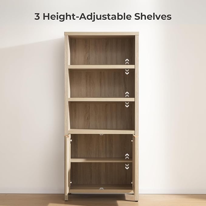 SICOTAS Bookcase 71" Tall Bookshelf 5 Tier Rattan Boho Bookcase
