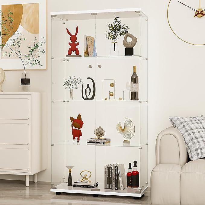 Display Cabinet with Glass Door and Lock, 4-Shelf Fast Installation in 30 Mins