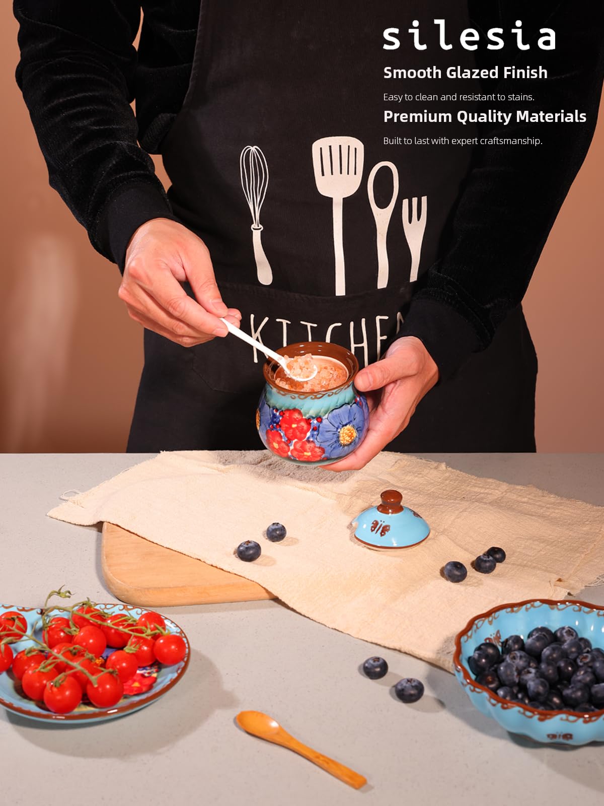 silesia Handmade Sugar Bowl with Lid and Spoon, 9 Ounce Ceramic Hand-Painted Sugar Jar for Home in Gift Box, Kitchen Decor, Oven, Dishwasher & Microwave Safe, Glazed Blue
