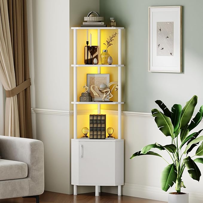 HOOBRO Corner Cabinet with LED Light, Corner Shelf Stand with Storage and Doors