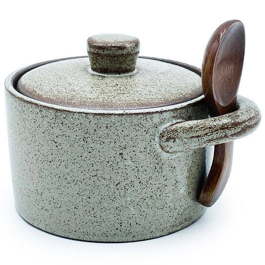 EWEIGEER Ceramic Salt Cellar With Lid & Spoon,8oz Salt Container For Countertop,Sugar Bowl,Spice Jar(Coarse Pottery Color)